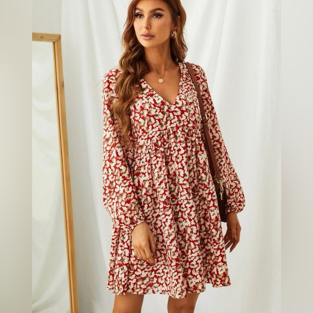 Allover Floral Print Lantern Sleeve Dress - Picture 1 of 6